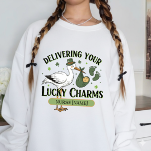 labor and delivery nurse st patricks day sweatshirt, delivering your lucky charms, personalized custom name l&d squad gift